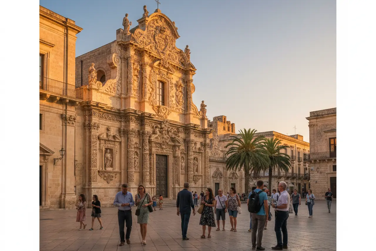 Detailed baroque carvings on the facade of Santa Croce Basilica in Lecce.